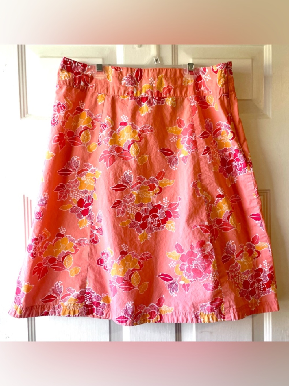 Eddie Bauer Coral Pink Red Orange White Tropic Floral Cotton Midi Skirt Size 12